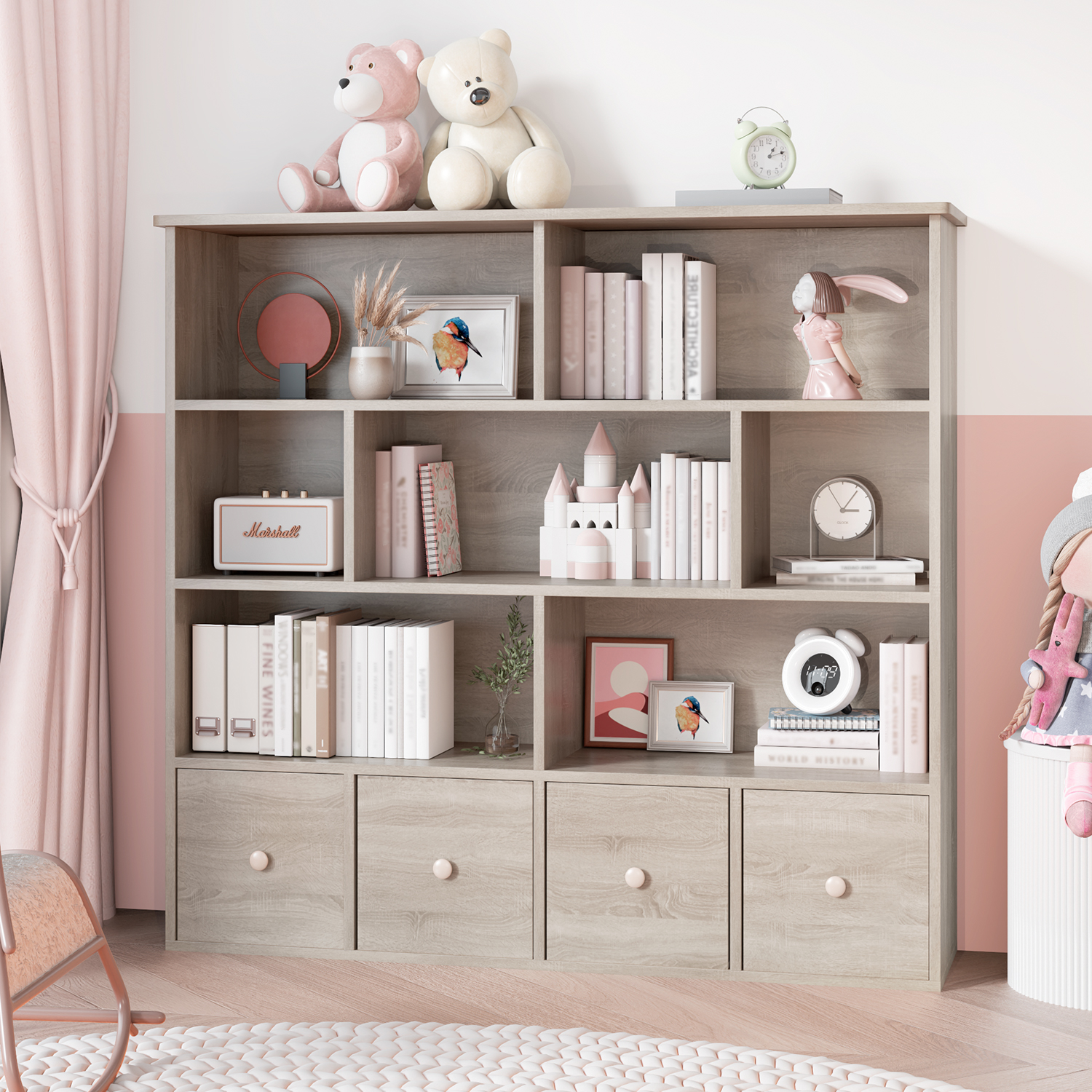 Erinnyees Kids Toy Organizer: 4-Drawer Bookshelf with 7 Cubbies, Natural