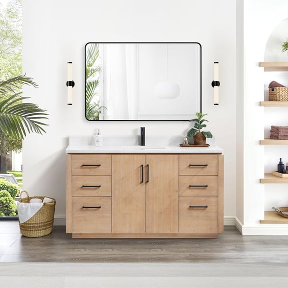 Vinnova San 60" Single Sink Wood Bath Vanity with Grain Stone in Brown/White