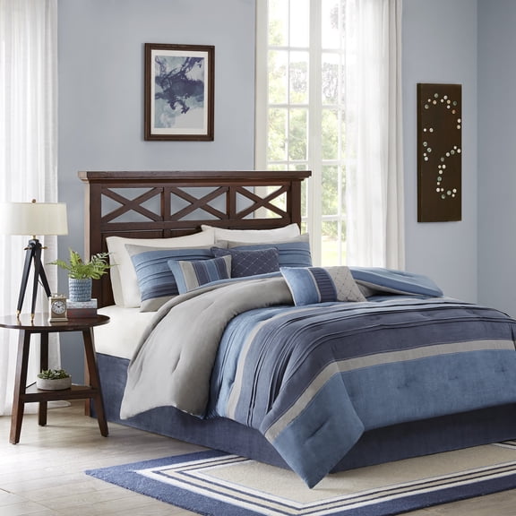 Madison Park King Size 7 Piece Microsuede Comforter Set Navy,Bed in a Bag,All Season Bed Set,Cozy and Lightweight