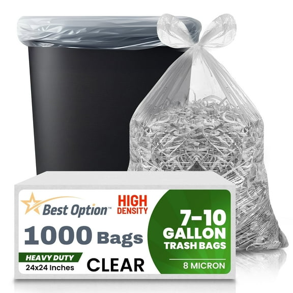 Best Option 8-10 Gallon Medium Trash Bags, Clear, 1000 Count Box, (24x24-inch) Commercial Office Wastebasket Garbage Can Liners