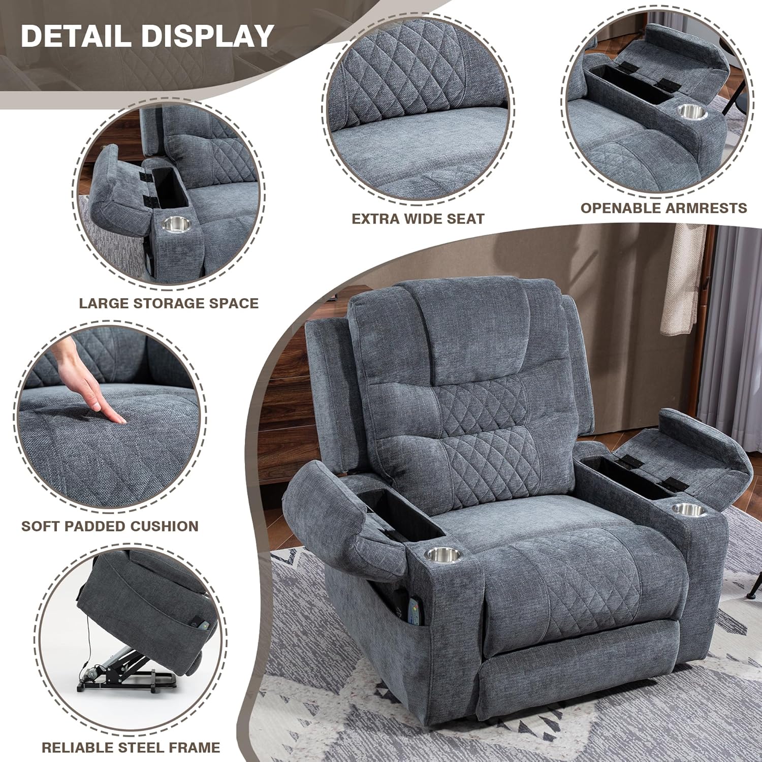 Lift Chair with Heat and Massage, Zero Gravity Lay Flat Recliner with Cup Holders & Adjustable Seat for Adults Living Room Lounge Recliners on Clearance