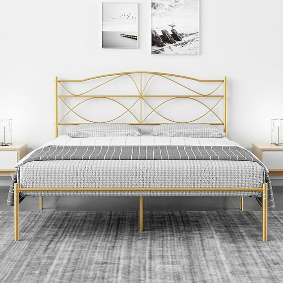 Full Size Metal Platform Bed Frame with Headboard and Footboard,Sturdy Slats Support Mattress Foundation, No Box Spring Needed, Gold