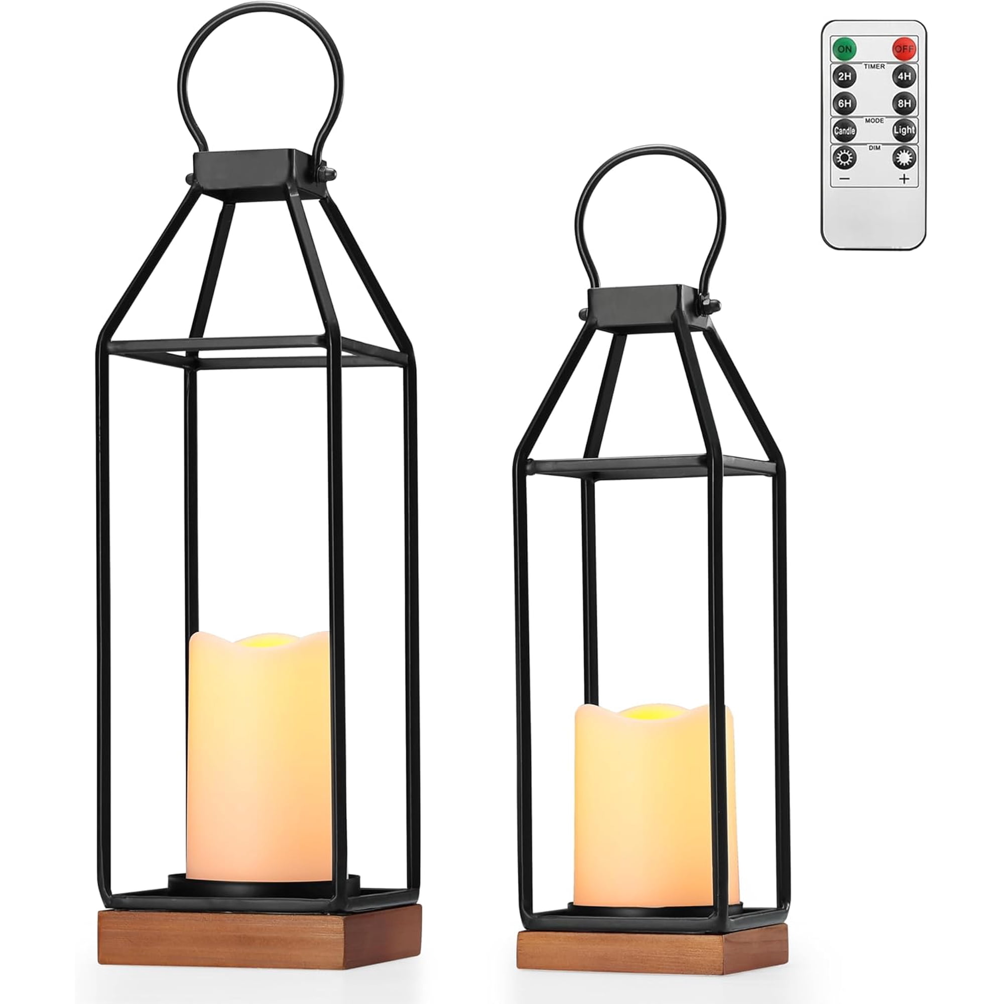 Perfnique Black Metal Lantern w/Wood, Set of 2 Rustic Lantern Decorative w/ Waterproof Flameless Candle & Remote Timer, Farmhouse Lanterns Candle Holder for Outdoor, Indoor, Mantle Decor (No Glass)