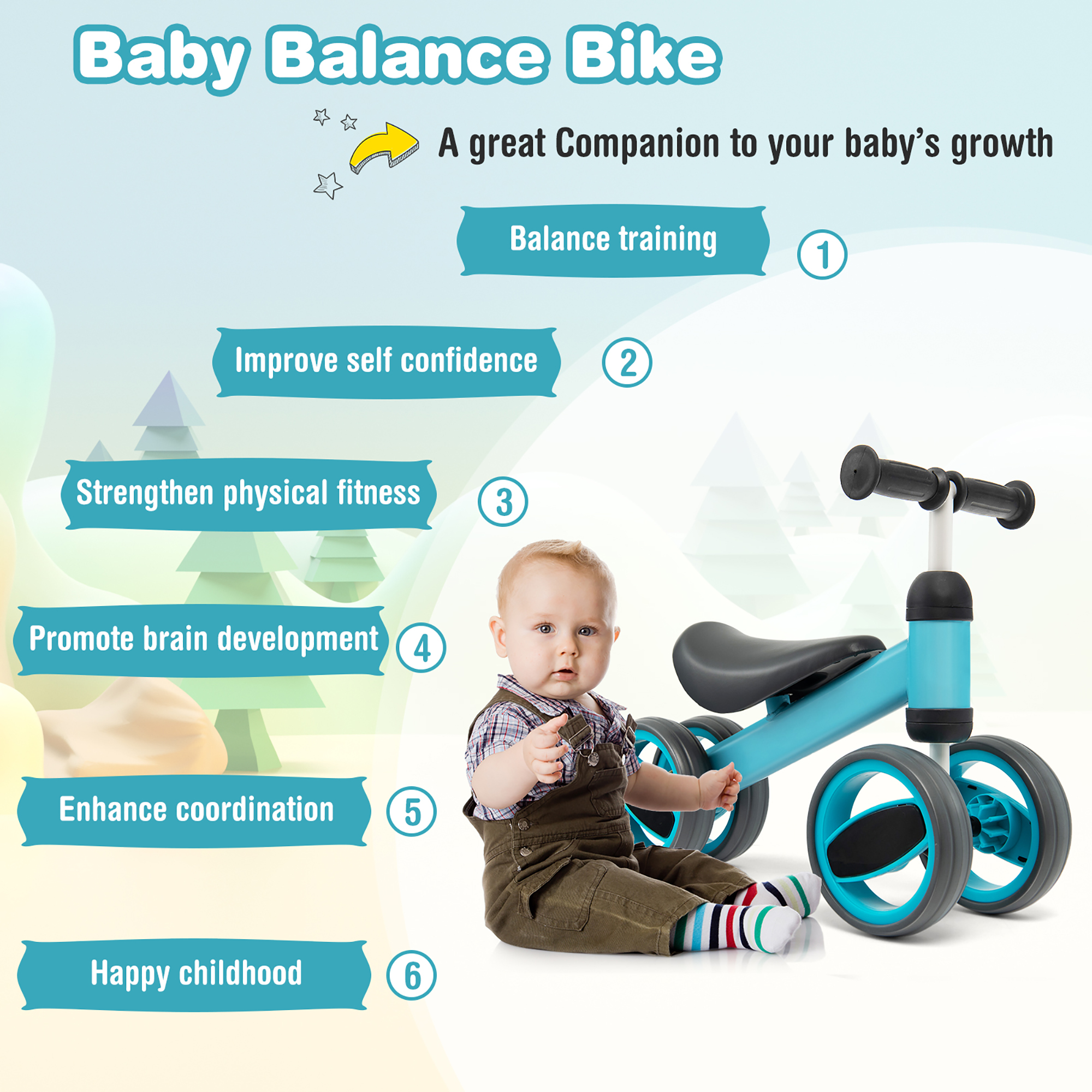 Costway Baby Balance Bike Toddler Riding Toys  w/ 4 Wheels Blue - image 3 of 10