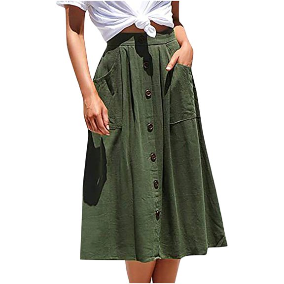 Crgrtght Women Button Down Skirts Casual Solid Midi Skirt High Waist Elastic Back Vacation Beach Travel Loose A-Line Skirt, Army Green XL