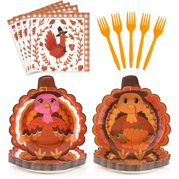 96pcs Thanksgiving Turkey Themed Tableware Set, Turkey Paper Plates with Napkins and Forks, Fall Disposable Dinner Plates, Ideal for Autumn Harvest Thanksgiving Family Dinner Party, Serves 24