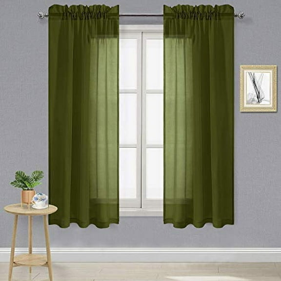 DWCN Olive Green Sheer Curtains Semi Transparent Voile Rod Pocket Curtains for Bedroom and Living Room, 42 x 72 inches Long, Set of 2 Panels