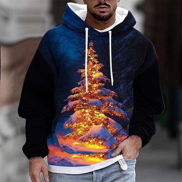 Sudadera con capucha para hombre, estilo casual, con cuello redondo, estampado de árbol de Navidad, manga larga, blusa de poliéster
