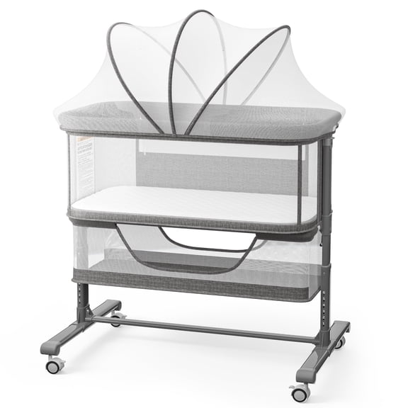 AILEEKISS Bedside Bassinet for Newborn, 6 Height Adjustable Baby Bassinet with Mosquito Net, Grey