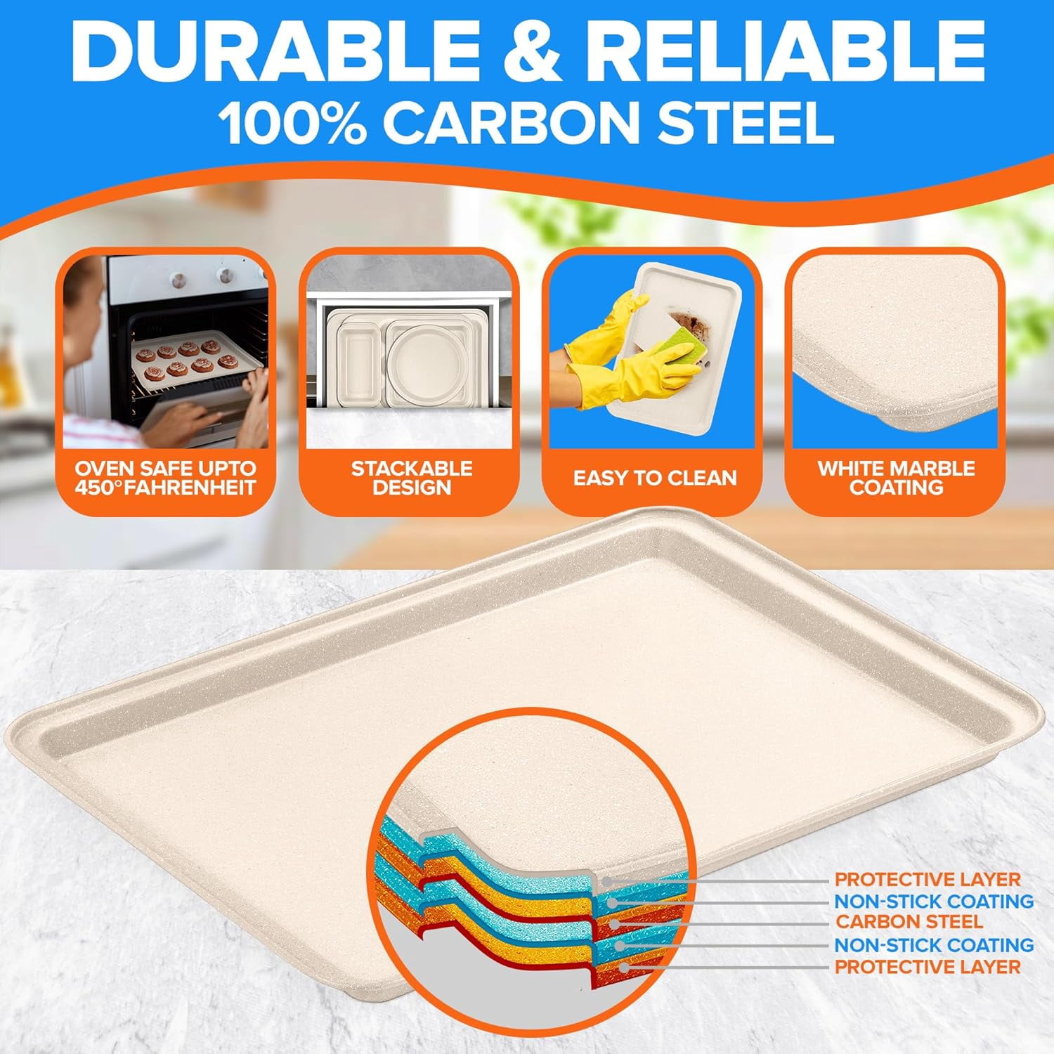 Stackable Baking Pan Set - Nonstick White Marble Coating, Carbon Steel Bakeware Set, Recipe Booklet Included, Oven Safe Tray (Up to 450° F), Set of 10 - White
