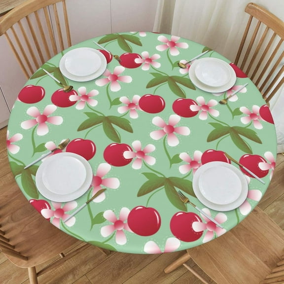 muroi Flowers and Cherry Round Fitted Tablecloth, Waterproof Round Table Cloth with Elastic Edged Washable Table Cover for Indoor Outdoor Fits 45"-50" Tables, Medium