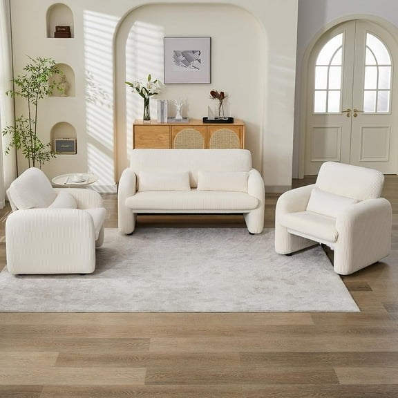 Corduroy Accent Living Room Sofa Sets, Modern Upholstered Loveseat with 2 Accent Chairs, Wide Comfy Leisure Chair Sets for Bedroom, Office, White