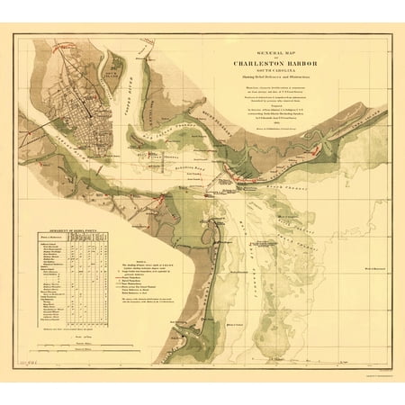 Civil War Map Print - Charleston Harbor SC Rebel Defences & Obstructions 1865 - 23x25