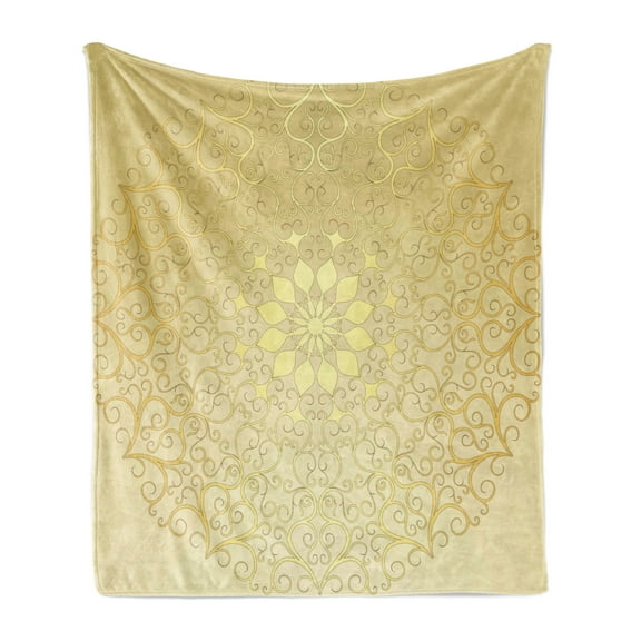 Mandala Soft Flannel Fleece Throw Blanket, Round Antique Motif Curvy Ornate Heart Shape Influences, Cozy Plush for Indoor and Outdoor Use, 50" x 70", Yellow Pale Yellow, by Ambesonne