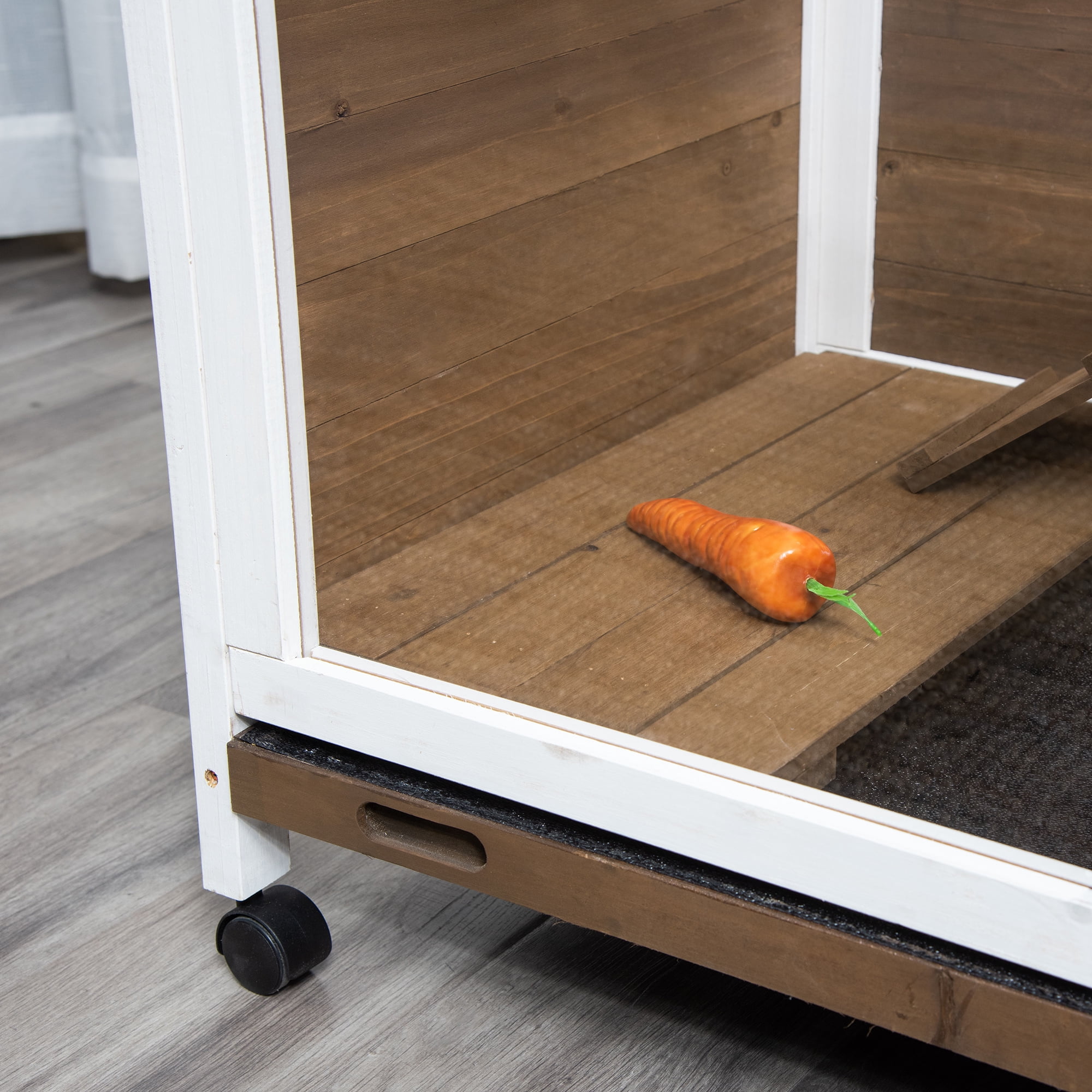 PawHut Indoor Rabbit Hutch with Wheels, Desk and Side Table Sized, Wood Rabbit Cage, Waterproof Small Rabbit Cage, Brown