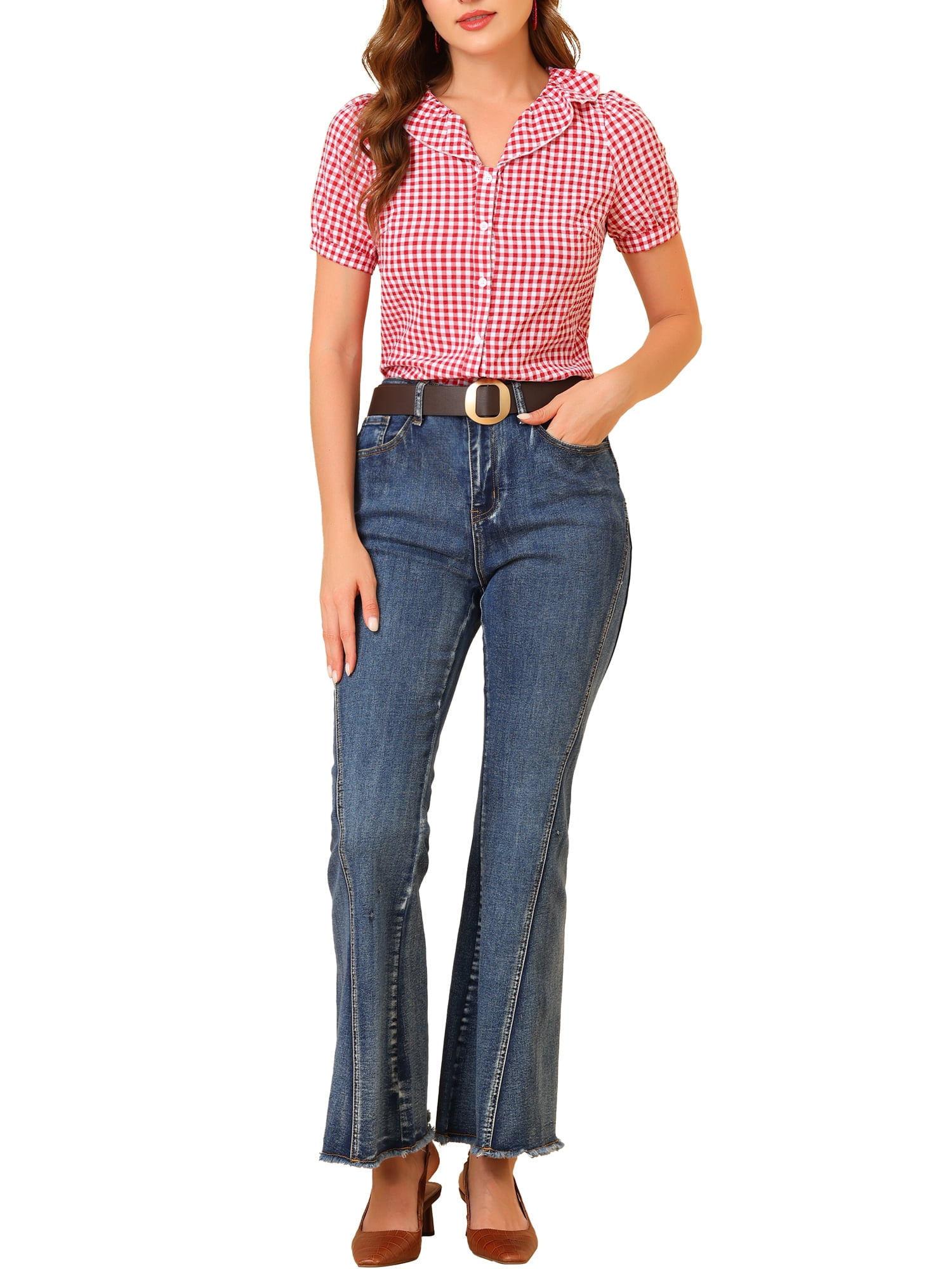 Unique Bargains Women's Puff Short Sleeve Peter Pan Collar Ruffle Plaid Shirt Top XS Red