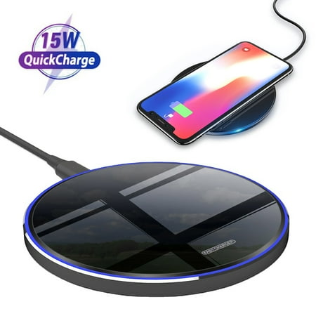 15W Max Wireless Charger with USB-C Ultra Thin Thermal Resin Fast Charging Pad Fast Charging Compatible for iPhone 11 X Xs Xr 8 Series Samsung Galaxy Series & etc (No AC Adapter) (Black Mirror)