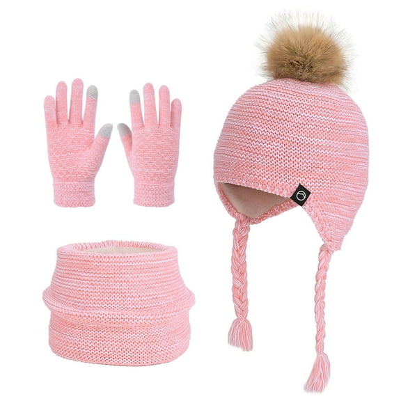 Kids' 3-Piece Winter Warm Set 4-10Y - Fleece-Lined Pom-Pom Beanie Scarf & Gloves, Earflap Hat Neck Warmer Sets for School Runs & Weekend Trips