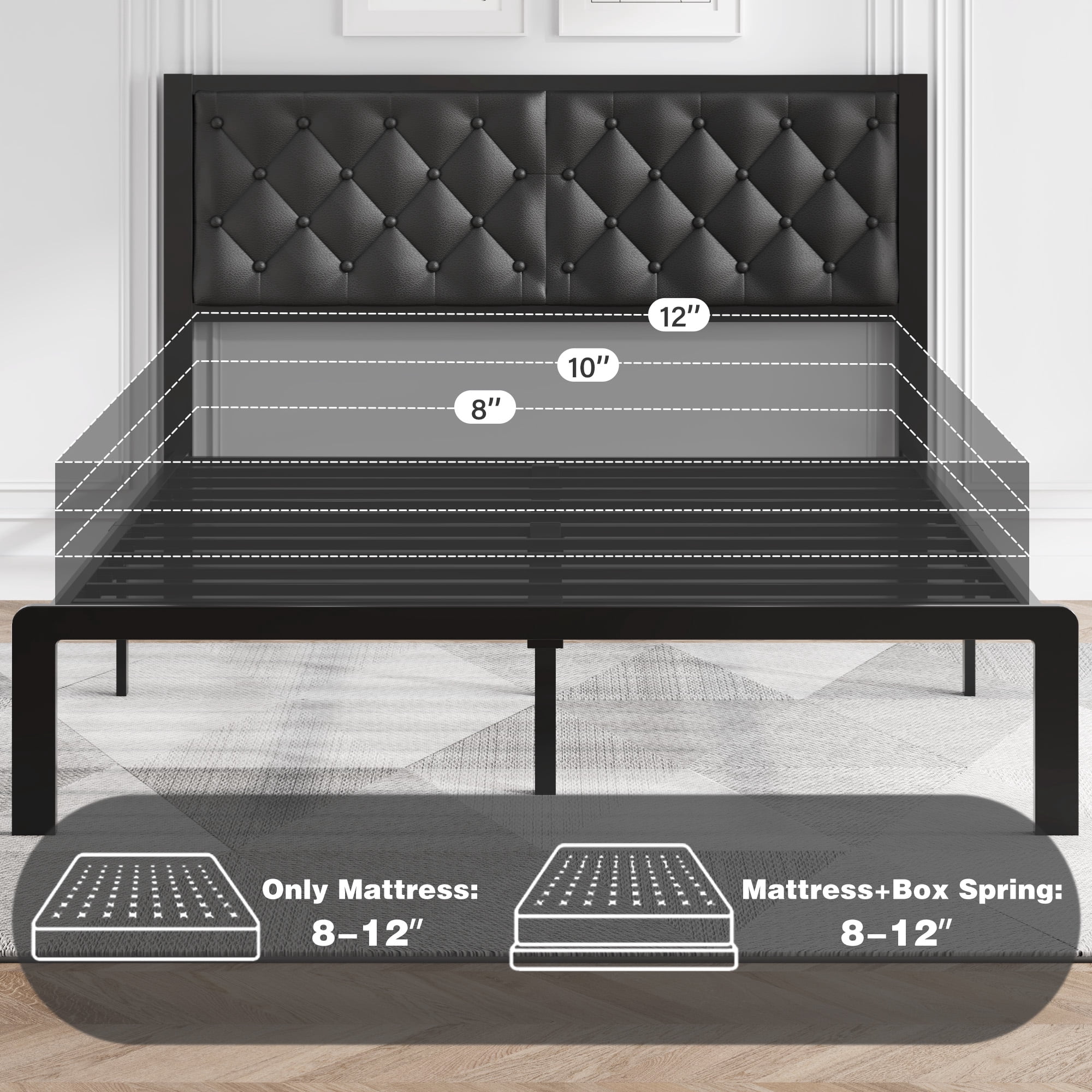 Bed Frame with Headboard PU Leather Upholstered, All Metal Slats Support Platform, Queen, Black