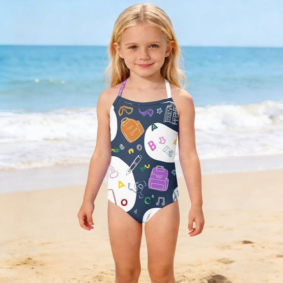 CCRFTGI Swimsuit for Kids Girls Size 10-12 Summer Adjustable Straps One Piece Beach Bathing Suit Swimwear Cute Pen School Bag Swim Vacation Girls Fashion Bathing Suits Black 7-8 Years
