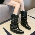 thumbnail image 5 of Viluyesy Womens Slouch Boots, Pointed Toe Low Heels Faux Leather Fashion British Style Mid-Calf Boots Black US5.5, 5 of 9