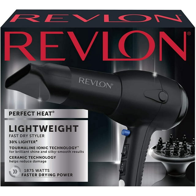 Revlon Salon 1875W 20X Better Grip Turbo Hair Dryer in black, designed for professional salon use. Features a lightweight build with tourmaline ionic technology for shiny, smooth results and ceramic technology to minimize hair damage. Includes a concentrator nozzle and diffuser attachment for versatile styling. Packaged in a branded box with product details prominently displayed.
