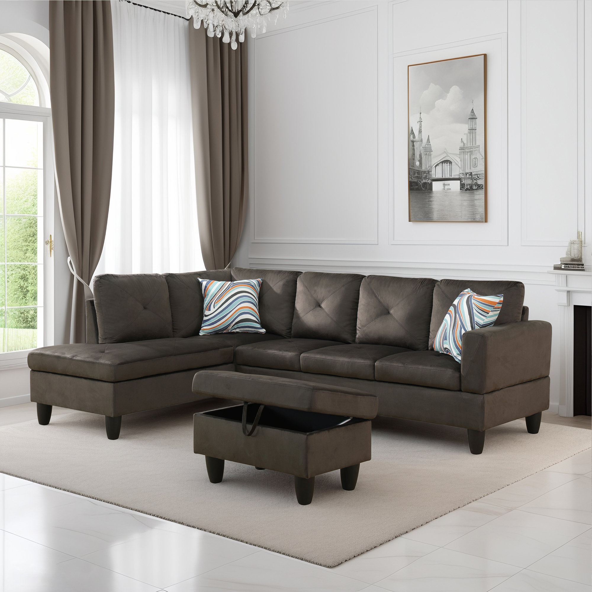 Prilinex L-Shaped Sectional Sofa with Chaise and Storage Ottoman, 3-Piece Flannel Sofa for Living Room Furniture Sets and Apartments, Grey