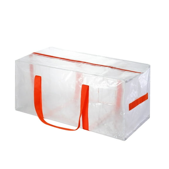 Heavy Duty Extra Large Moving Bags with Orange Handles, Waterproof Foldable Storage Totes, Clothing Storage Bags, Packing Moving Boxes for College Supplies & Seasonal Storage, Clear