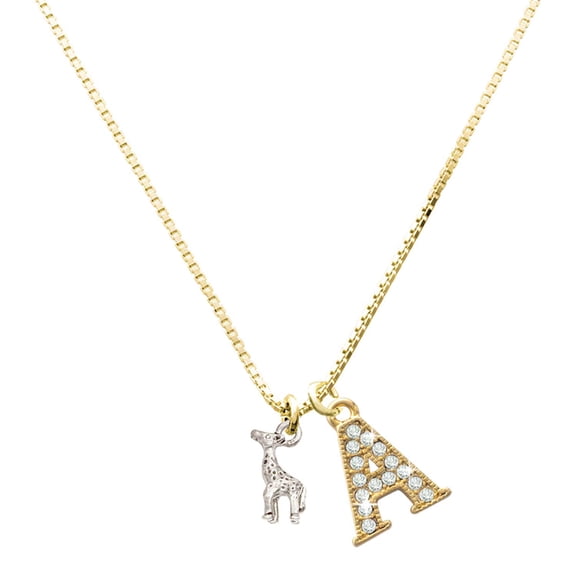 Delight Jewelry Silver-tone Mini Giraffe - Large Goldtone Crystal Initial - A - Charm Necklace, 17.5" 2"