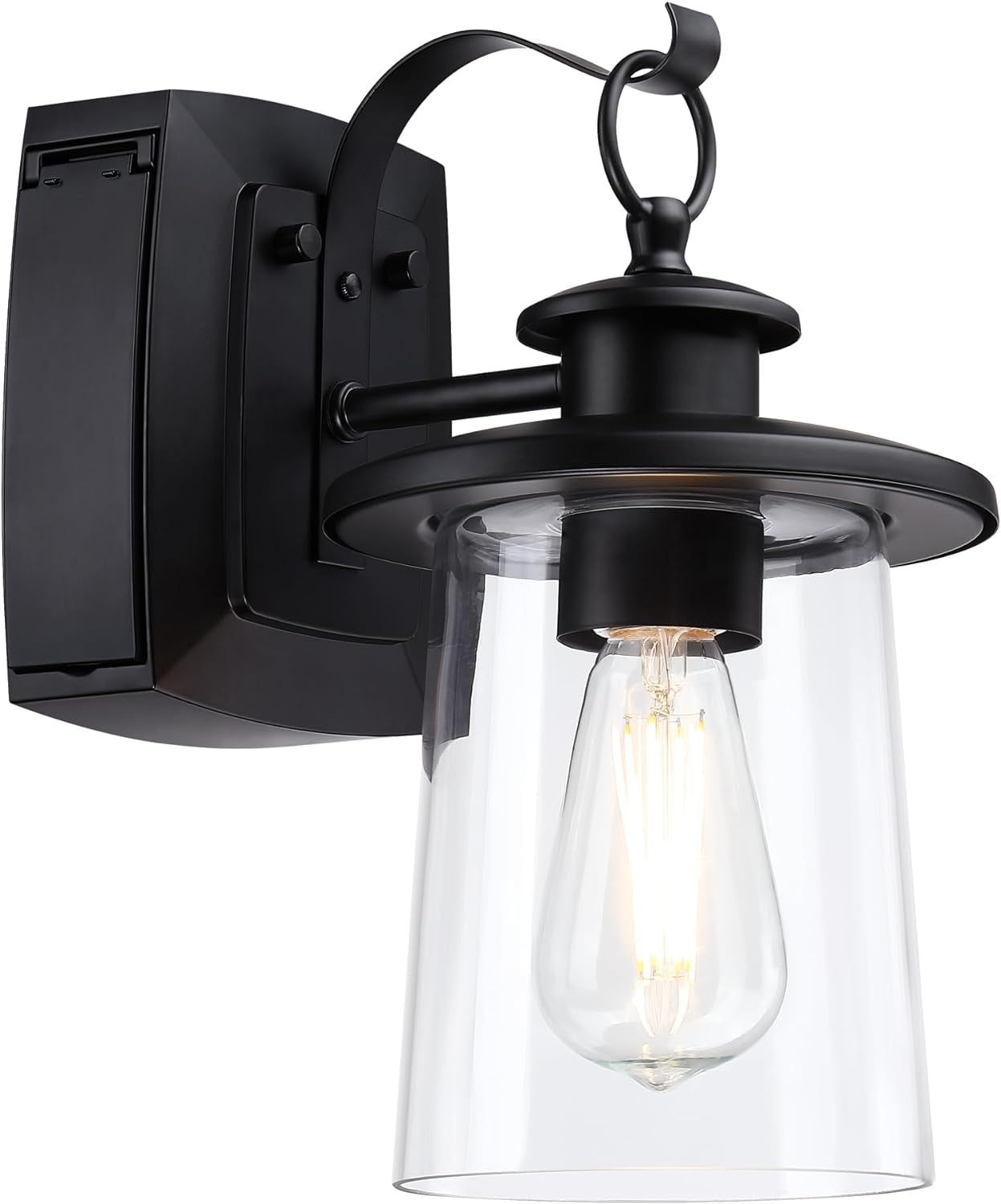 Revtronic Outdoor Wall Light w/ GFCI Outlet, Matte Black Exterior Lighting Fixture for House Patio Garage