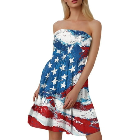 CHCNHAC Sundresses for Women 2025 Independence Day Elegant Dresses Patriotic Stars and Stripes Print Flowy Swing Strapless Cocktail Gowns Wine XL