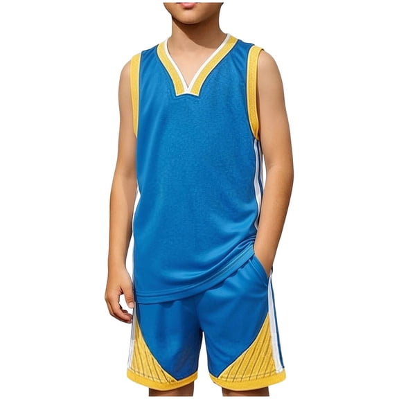 Odeerbi Kids Teen Boys Girls Quick Dry Basketball Uniform Set Color Block V-Neck Tank Tops Shorts Sportswear Athletic Sets for 4-14 Years