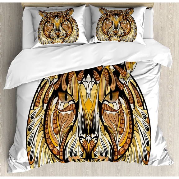 Tattoo Duvet Cover Set, Head of Lion with Feather Art on His Mane Design Print, Decorative 3 Piece Bedding Set with 2 Pillow Shams, King Size, Yellow Brown and White, by Ambesonne