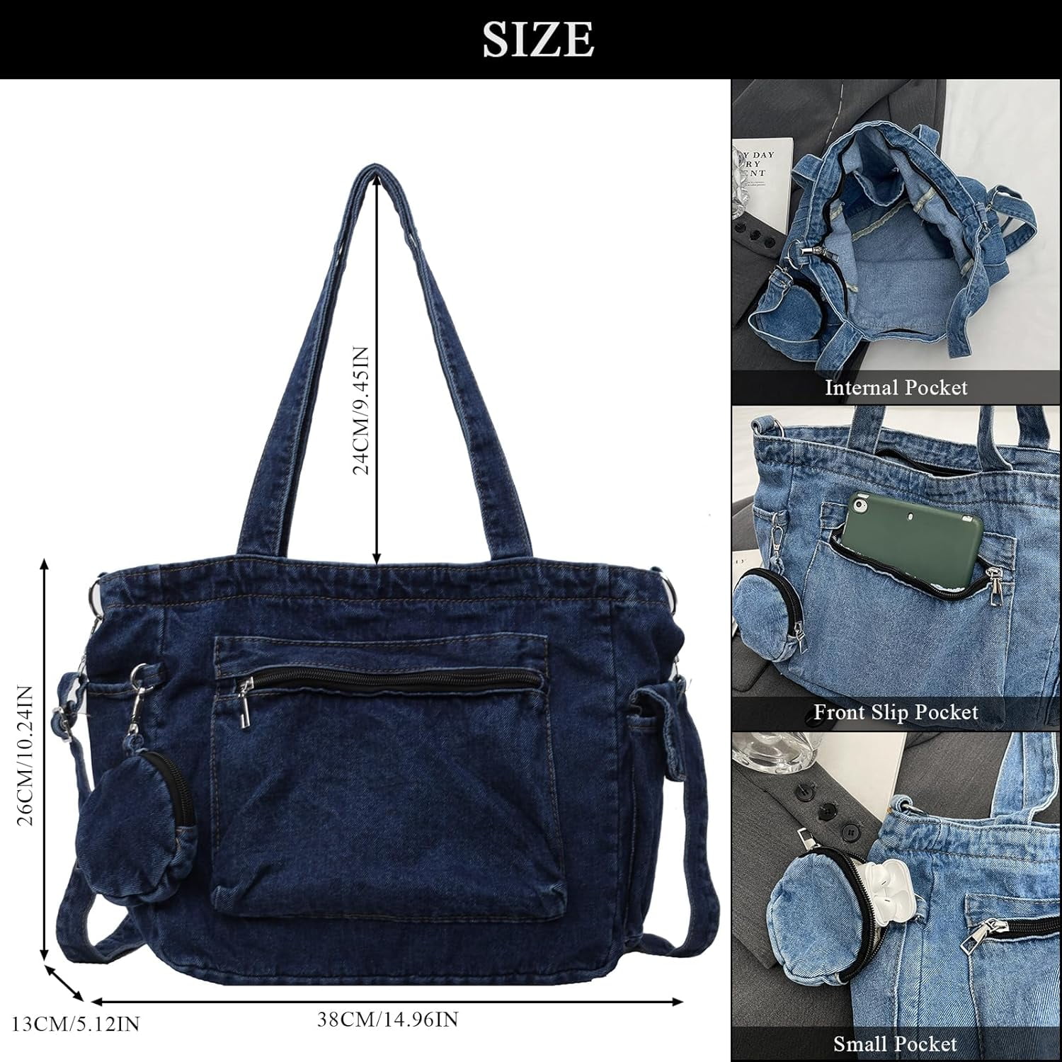 Denim Tote Bag, Large Capacity Jean Purses for Women Denim Crossbody Handbags with Small Purse