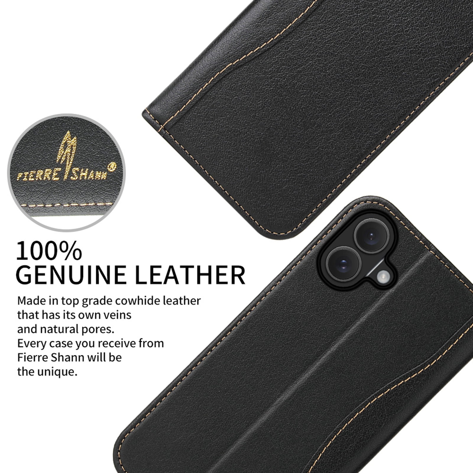 TECH CIRCLE for iPhone 17 Classic Wallet Case, Genuine Leather Magnetic Closure Book Folding Flip Leather Case with Card Holder Kickstand TPU Shockproof Protective Phone Cover,Black
