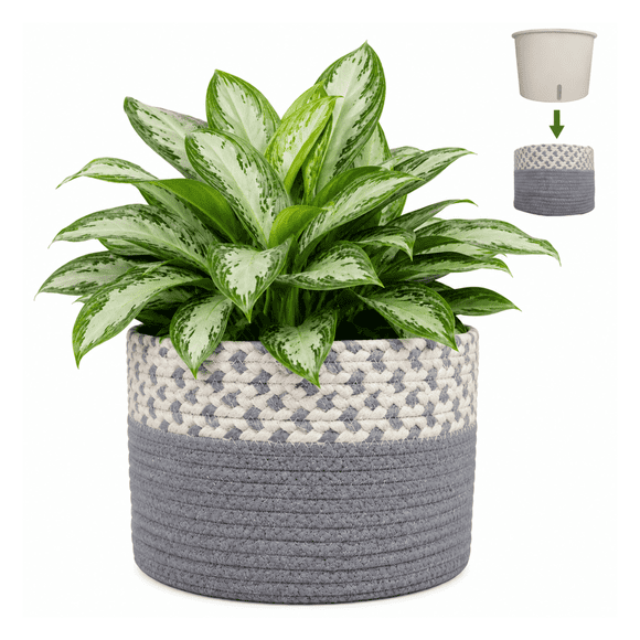 Planterist Maceta Tejida Mediana Autorregable - Moderna Decorativa - Ideal para salas, recámaras, comedores, oficinas, baños y más - Hecha de cuerda de algodón (Ajijic)