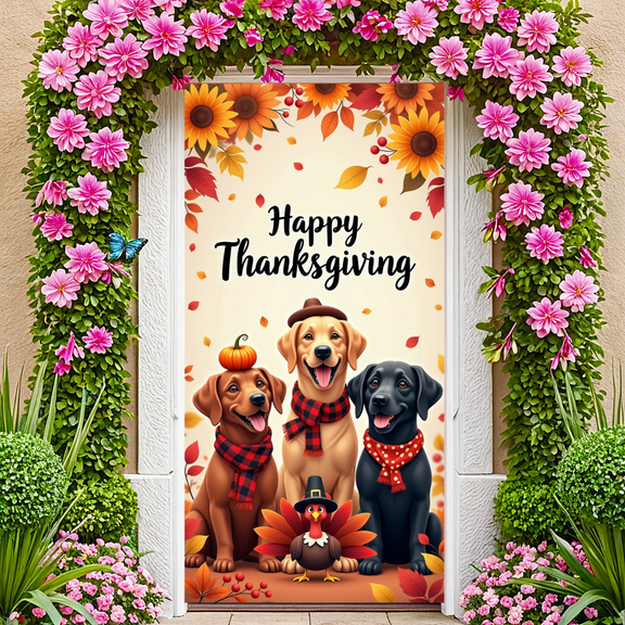 Autumn Leaves Thanksgiving Banner Cartoon Dogs Harvest Turkey for Fall Celebration Family Gathering Indoor Decoration