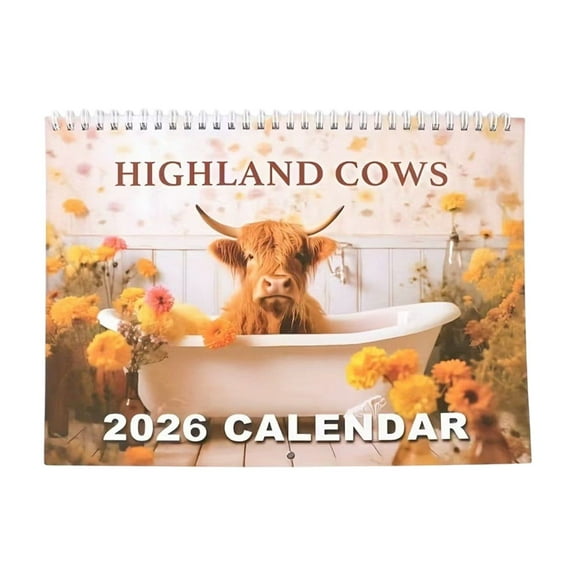 2026 Highland Cow Wall Calendar Monthly Planner, Cow Calendar, Wall Art Calendar, 12 Month 28x21cm Paper Material Multicolor Illustrations, for Office Kitchen Bedroom Year Long Planning