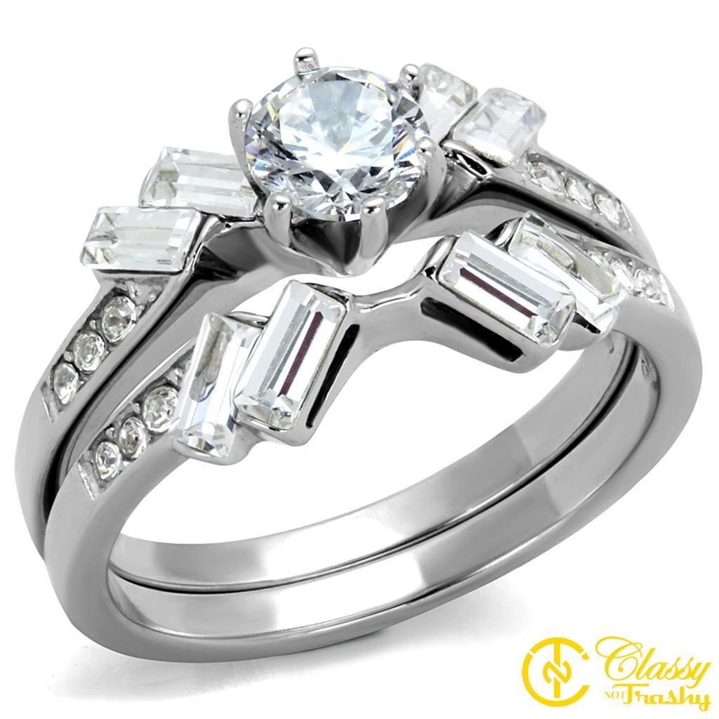 Classy Not Trashy Paved Wedding Set Design Clear Round Cut Cubic Zirconia Stainless Steel Womens Ring Size 6 