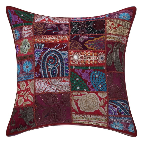 Stylo Culture Indian Cotton Home Decor Throw Pillow Sham Cover Maroon 20x20 Bohemian Vintage Patchwork Indian Couch Cushion Cover 50 x 50 cm Living Room Abstract Square Pillowcase | 1 Pc