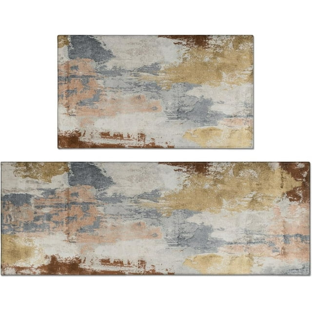 Kitchen Mats for Floor Set of 2, farmhouse-style comfort mats with abstract patterns in gold, gray, and brown tones. Includes two sizes: 17'' x 47'' and 17'' x 30''. Made of soft crystal velvet with a non-slip rubber backing for safety and anti-fatigue support. Waterproof and easy to clean, suitable for kitchen floors, laundry rooms, or entryways.