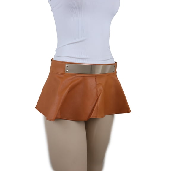 Women Beige Faux Leather Wrap Around Skirt Tie Belt Gold Metal Plate S M