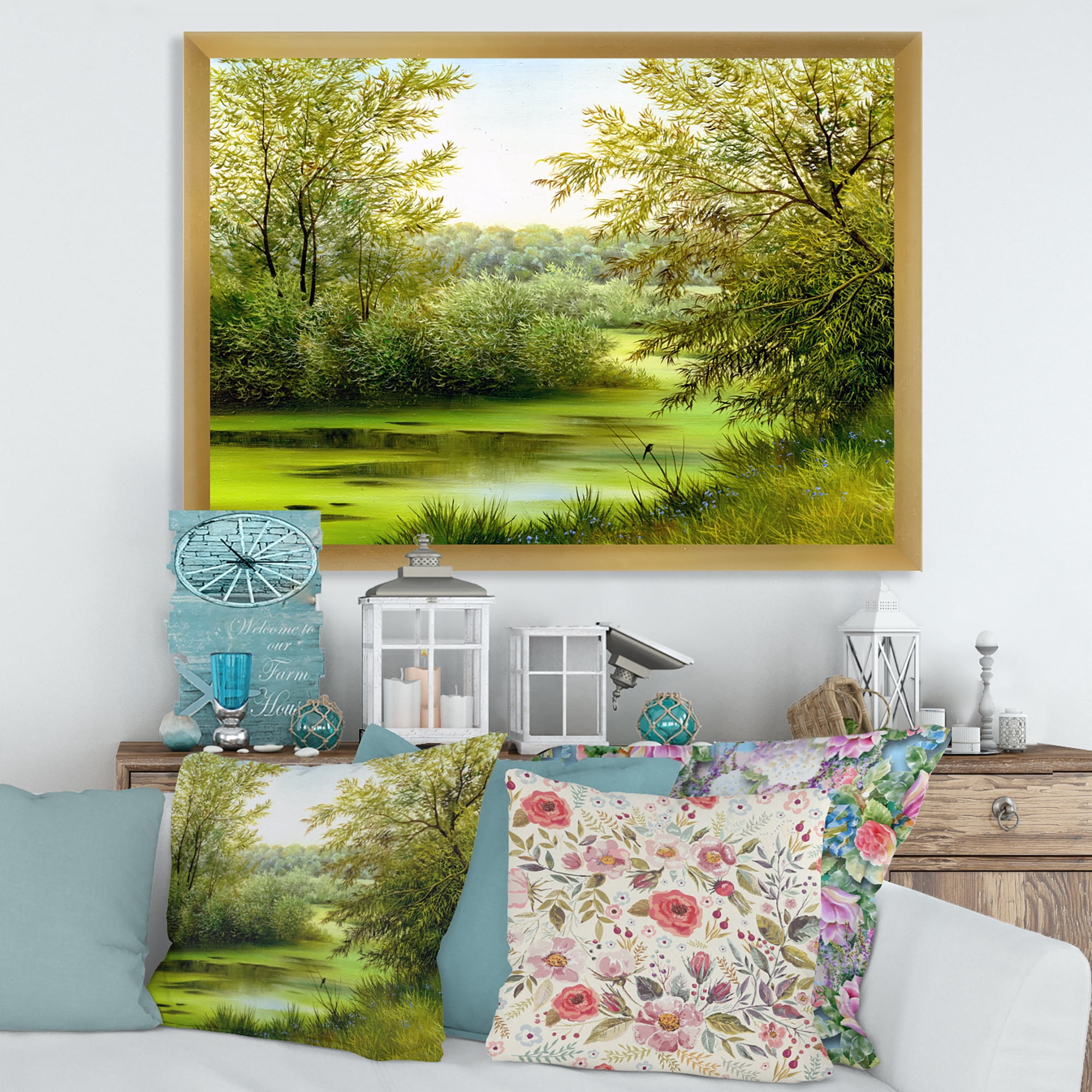 Spring Trees With Green Pond 32 in x 24 in Framed Painting Canvas Art Print, by Designart