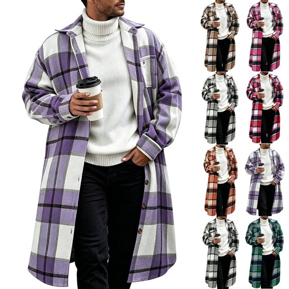 Men's Casual Long Plaid Jacket Coat,Button Down Long Sleeve Open Front Shacket,Trendy Outfits