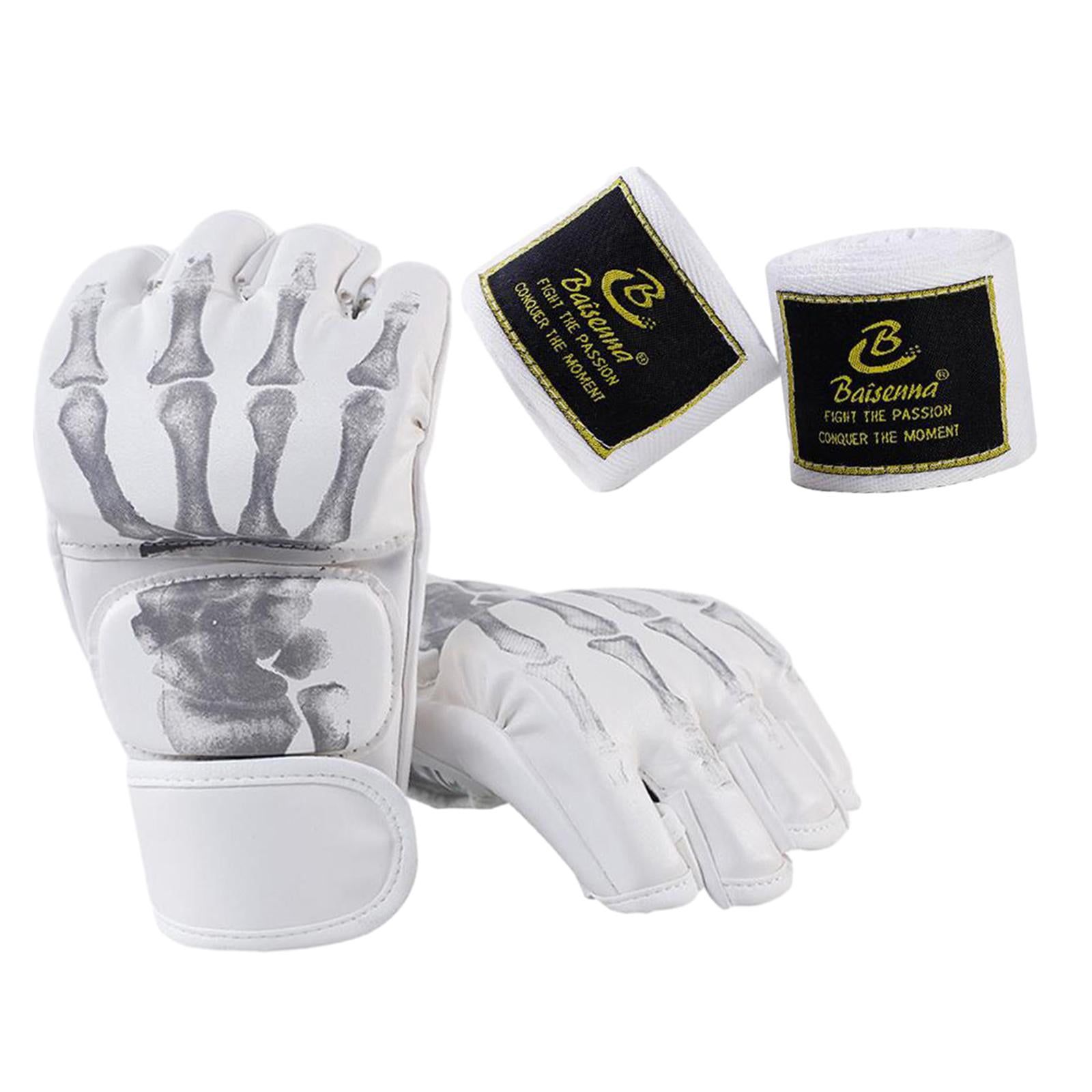 harayaa Boxing Gloves Protective Gear Open Palm MMA Half Mitts Lightweight Breathable PU White Skeleton