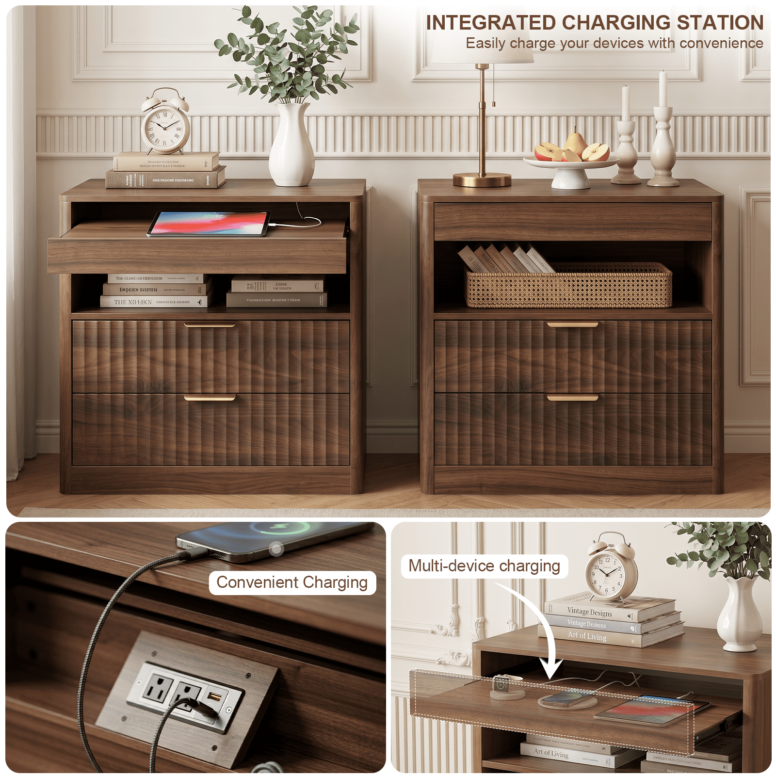 Stretchable Nightstand with Hidden Outlet 15.7x15.7x23.6 Inch Double Drawers for Bedroom Living Room