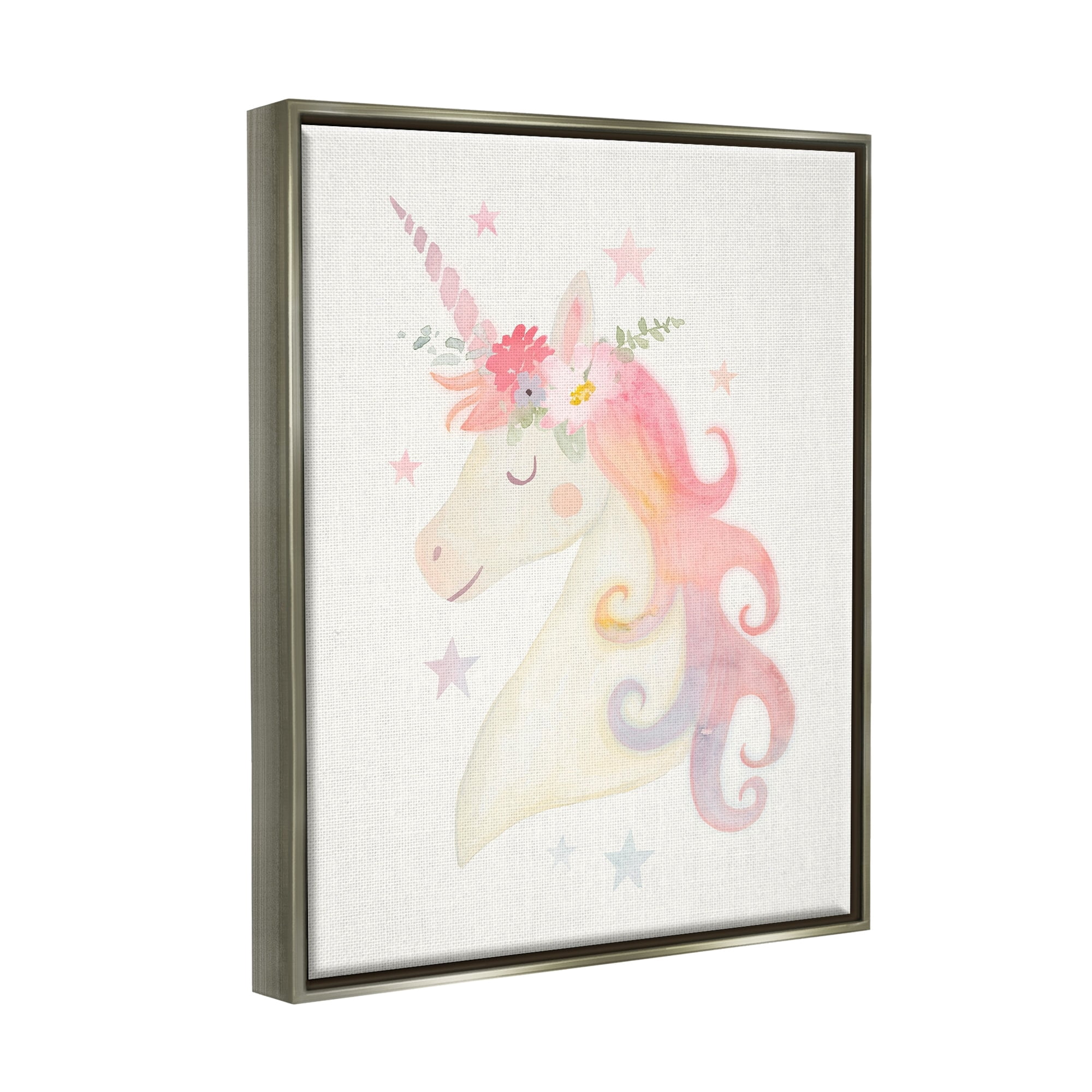 Stupell Industries Charming Unicorn Smiling Flower Crown Stars Design Graphic Art Luster Gray Floating Framed Canvas Print Wall Art, Design by Victoria Barnes