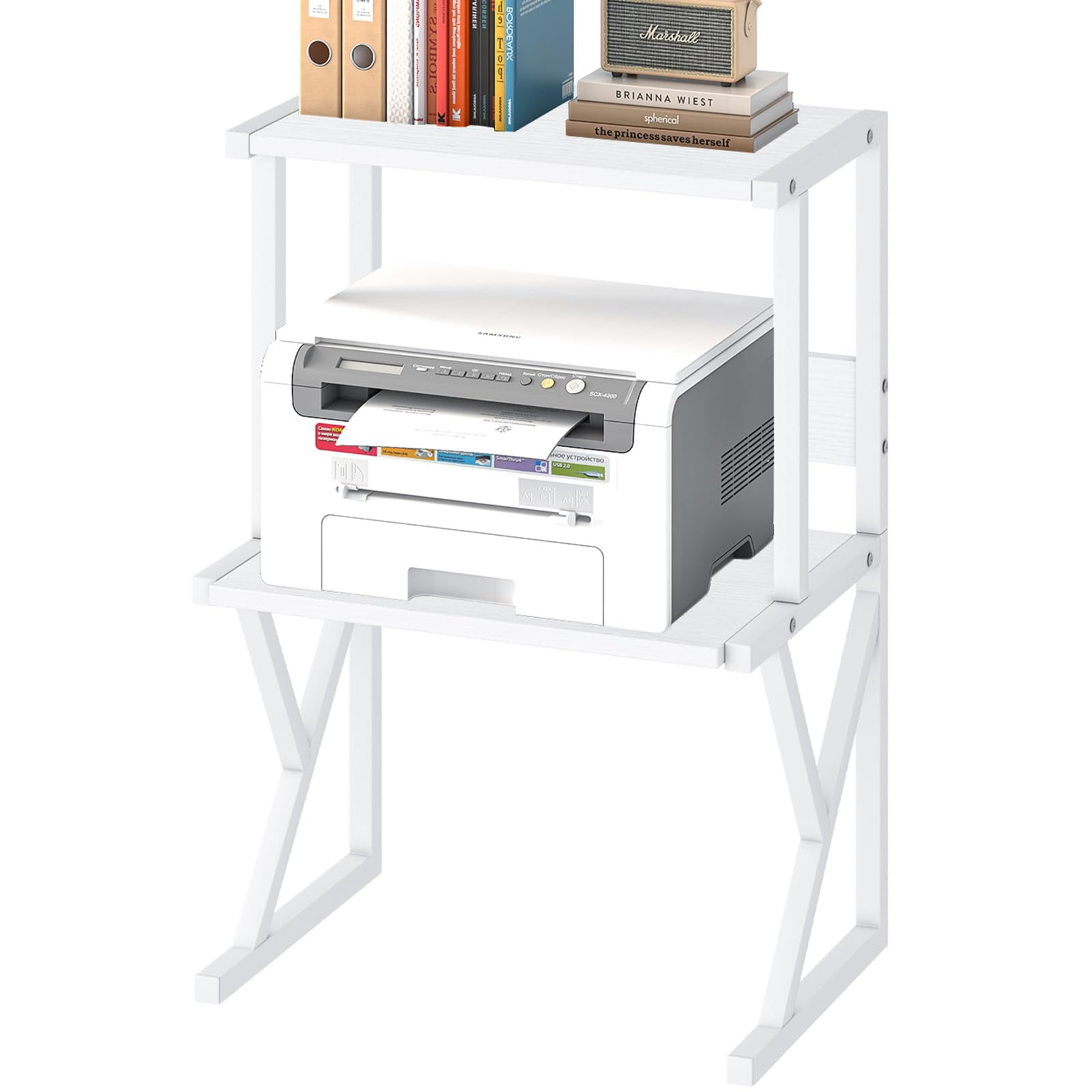 Desktop Printer Stand with 3 Tier Wood Storage Shelves,Under Desk Printer Table,Multi-Purpose Home Office Desk Organizer for Fax Machine, Scanner (White)
