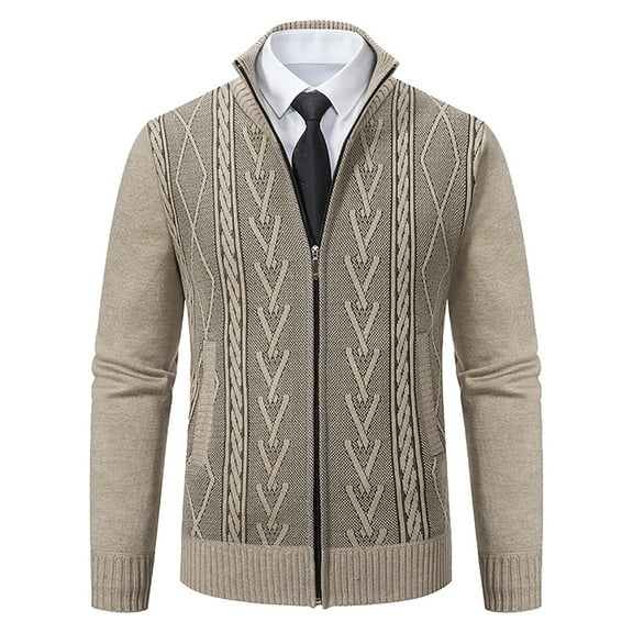 Mens Zip-Up Cardigans Long Sleeve Stand Collar Fall Knit Sweater Pockets Zipper Slim Fit Warm Jacket Coat XXXL, Beige