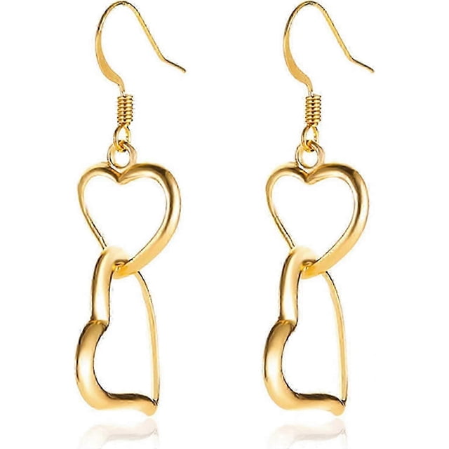 Double Love Heart Layered Earrings For Girls Elegant Silver Gold Plated Dangle Drop Hooks Earrings Jewelry Birthday Gifts For Women Girlfriend Gold -